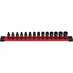 This 14-piece metric impact socket set features a 1/4 in drive size and includes sockets ranging from 4 mm to 15 mm. A friction retention mechanism secures sockets on the anvil. Suitable for fastening and loosening nuts and bolts with impact wrenches in automotive repair, construction, and industrial maintenance.