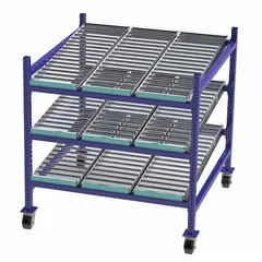 This roller track bolted mobile flow rack from UNEX FLOW CELL measures 48 in x 48 in x 54 in with tilt and 3 shelves. Constructed with steel decking, it is designed for gravity-fed product movement in industrial storage applications, supporting first-in, first-out (FIFO) inventory rotation.