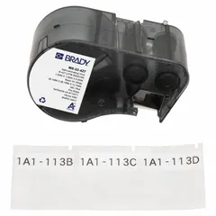 Vinyl, white matte precut label roll cartridge for wire gauges 10 AWG to 4 AWG. Each label measures 1-1/2 x 1-1/2 in. Compatible with BMP53 printer series; requires R4300 ribbon. Used for permanent identification of wires and cables in industrial panel building, electrical maintenance, and data center installations.