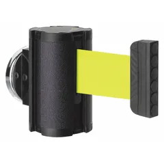 This magnetic-mount retractable belt barrier features a 10 ft yellow patterned belt with no legend, housed in a black casing. The magnetic base enables temporary installation on metal surfaces without drilling, suitable for crowd control and lane management in industrial and public spaces.