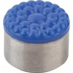 This rear-mount insert features a stainless steel body with a textured polyurethane face, providing a non-marring contact surface. It is used in jig and fixture applications for clamping or positioning workpieces without causing damage. The M6 thread and 12 mm height allow secure mounting in various setups.