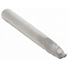Carbide ball end mill with two flutes, 1/4" cutting diameter, 1/2" length of cut, and 2" overall length. Designed for contouring, slotting, and profiling in CNC machining. Suitable for creating smooth 3D shapes and fillets on ferrous and non-ferrous materials.