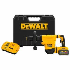 This cordless rotary hammer operates on a 60V DC battery with 9.0 Ah capacity, delivering 7.7 ft-lb of impact energy. It accepts SDS-Max bits up to 3 in diameter and provides an impact rate of 1,450 to 2,900 bpm. Suitable for drilling and chipping in concrete, masonry, and stone, it is used for anchor installation, core drilling, and demolition tasks.