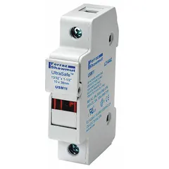 1-pole midget fuse block for DIN rail mounting with pressure plate termination. Designed for DC circuits up to 24 VDC. Accepts standard 1/4 x 1-1/4 inch midget fuses. Suitable for use in industrial control panels and power distribution applications.
