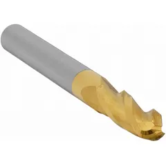 This carbide ball end mill features a titanium nitride (TiN) coating for reduced friction and extended tool life. With a 1/4" mill diameter, 3/4" length of cut, and 2-1/2" overall length, it has 3 flutes for efficient chip evacuation. Suitable for contouring, slotting, and profiling in metalworking applications.