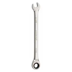 This SAE 12-point ratcheting combination wrench is constructed from alloy steel with a chrome finish. It features an 11/32 in head size and a 5 7/8 in overall length. Suitable for tightening or loosening bolts and nuts in confined spaces, common in maintenance and assembly tasks.