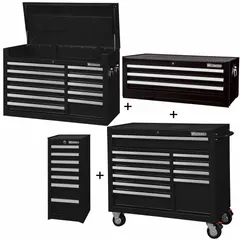 This heavy-duty storage combo includes a top chest, intermediate chest, side cabinet, and rolling cabinet, providing 32 drawers for organizing tools and parts. It features keyed locking for security and ball-bearing drawer slides for smooth operation. Overall dimensions are 57 1/2 in W x 19 in D x 82 3/4 in H. Suitable for workshops, garages, and industrial facilities requiring mobile, high-capacity storage.