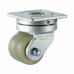 Swivel caster with dual polyurethane wheels, 75 mm diameter, 30 mm width, and 123 mm mounting height. Designed for automated guided vehicles and autonomous mobile robots in material handling and light industrial transport.