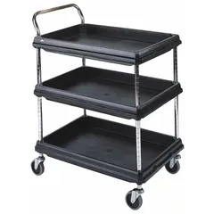 This polymer lab cart includes three shelves for organizing and transporting laboratory equipment, instruments, and supplies. Overall height is 33 1/4 inches, width is 21 1/2 inches. Suitable for moving glassware, tools, and samples between workstations.