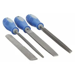 This 4-piece file set includes an 8 in flat double end file, an 8 in round file, and an 8 in triangular file, plus a handle and a pouch for storage. Suitable for shaping, smoothing, and finishing flat surfaces, curves, and internal corners in metalworking and woodworking tasks.