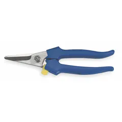 These manual-opening shears feature a stainless steel blade with a partially serrated edge and a rounded tip. The blue-finished handles are designed for right-hand use. Suitable for cutting paper, cardboard, fabric, and other light materials in workshop or packaging applications.