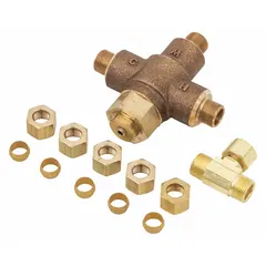 Brass thermostatic mixing valve with 3/8 in inlet and outlet connections. Includes a 3/8 in brass compression tee. Used in point-of-use applications to blend hot and cold water to a consistent temperature.