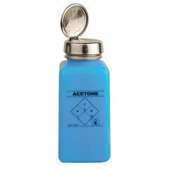 HDPE dispensing bottle with a 236.5 mL (8 fl oz) capacity, designed for acetone. Includes a silver dropper closure for controlled drop-by-drop dispensing. Non-sterile, blue color. Suitable for industrial cleaning, electronics assembly, and laboratory applications.