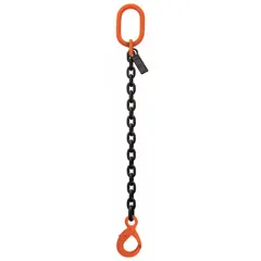 This STREN-FLEX single-leg chain sling is constructed from alloy steel with a Grade-100 rating. It features a fixed length and a latching hook for secure attachment. Suitable for overhead lifting and rigging applications in industrial environments.
