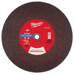 General purpose cut-off wheel for carbon and stainless steel. Type 1 design, 14" diameter, 1/8" thickness, 30 grit aluminum oxide abrasive. 20 mm arbor. Suitable for fabrication, maintenance, and metalworking cutting applications.