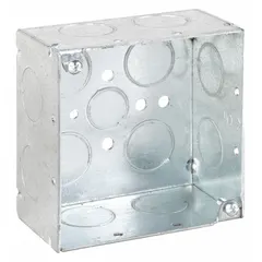 Steel 4" x 4" square electrical box with 2-gang capacity. Supplied without clamps or bracket for use in junction or pull-box applications where separate clamping and bracketing are provided by the installer.