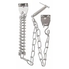 Silver unfinished protector chain for screen doors. Overall height 1 in, overall length 15 in, overall width 15 in. Limits door travel to prevent slamming and protect door and frame.