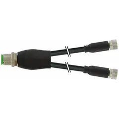 M12 male straight to two M8 female straight Y-distributor cordset with black PUR jacket. Cable length 0.3 m, wire size 0.25 sq mm, IP66K rated. Used for splitting a single M12 connection into two M8 connections in sensor and actuator networks, suitable for twisting applications in industrial environments.