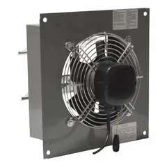 Standard shutter-mount exhaust fan with 8-inch blade, 2-speed operation, and 3/100 hp totally enclosed air-over motor delivering 360 cfm at 115V AC, 1 ph. Galvanized steel housing and powder-coated steel shutter. Suitable for wall or ceiling installation in industrial ventilation applications to remove stale air, fumes, and heat.