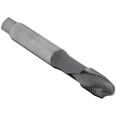 Spiral-flute tap for threading aluminum and non-ferrous materials. M10x1.25 metric thread, D5 / 6H tolerance, plug chamfer, 2 flutes, TiN+CrC/C coated cobalt steel. Chip evacuation upward for blind-hole tapping in general manufacturing.