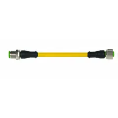 Double-ended cordset with M12 male straight and M12 female straight connectors. 4 pins, 1 m cable length, yellow TPE jacket. Wire sizes 18 AWG/19 AWG. IP67 rated for dust and water ingress protection. Suitable for connecting sensors, actuators, and field devices in industrial automation environments.