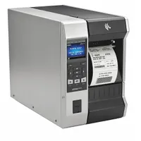 ZEBRA ZT600 series industrial printer with 14 in/sec print speed and 4.09 in max print width. Features tear-off dispensing, push-button controls, and wired USB connectivity. Designed for high-volume labeling in manufacturing, logistics, and warehouse environments