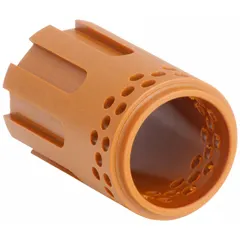 This swirl ring is designed for use with Hypertherm machine-type plasma torches in the T100, 100M, and 100M-2 series. It creates a swirling gas flow to stabilize the arc and improve cut quality. Manufactured by AMERICAN TORCH TIP.