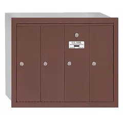 This vertical multi-unit mailbox features four lockable doors and is designed for recessed mounting. With dimensions of 19 inches high, 24 3/4 inches wide, and 7 1/2 inches deep, it provides front access for mail and parcel distribution in multi-tenant residential or commercial buildings.