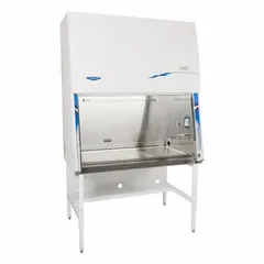 This Class II, Type A2 biosafety cabinet provides product and personnel protection for microbiological work. Constructed with a stainless steel work surface, it includes a built-in blower. Overall dimensions are 42 3/8 inches wide by 32 inches deep. Suitable for handling low- to moderate-risk biological agents in laboratory settings.