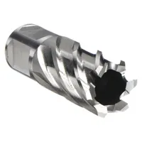 This high-speed steel annular cutter has a 2-1/4 in diameter and a 1 in maximum cutting depth. It features a bright finish and a Weldon Flat shank for secure mounting in magnetic drill presses. Suitable for general cutting applications in metal fabrication and structural steel work