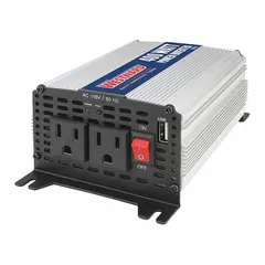 This inverter converts 12V DC from a vehicle cigarette lighter into 115V AC modified sine wave power. It provides 400W continuous output at 57-63Hz, suitable for powering small electronics, tools, and appliances in automotive or mobile applications.
