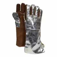 Aluminized gloves with a rayon outer shell and wool liner, rated for continuous exposure up to 1,000°F. The reflective coating shields against radiant heat while the wool lining provides thermal insulation. Suitable for high-temperature tasks such as furnace operation, metal pouring, and glass handling