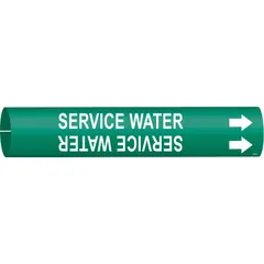 Green snap-on pipe marker with white legend reading 'Service Water' and directional arrows. Fits pipe outer diameters from 3/4 to 1-3/8 inches. Used to identify service water lines in piping systems for clear visual communication.