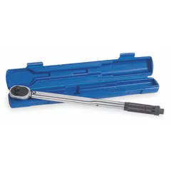 This ratcheting micrometer torque wrench features a 1/2 in square drive and a torque range of 10 ft-lb to 150 ft-lb. It displays measurements in both foot-pounds and newton-meters and is tether capable. Suitable for tightening fasteners to precise torque values in assembly and maintenance tasks.