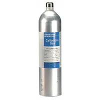 Calibration gas cylinder with ±5% accuracy containing 100 ppm carbon monoxide in nitrogen background. Used for verifying and adjusting portable gas detectors that sense C5H12, CO, H2S, O2, and SO2. Designed for use with Mfr. No. 00883 instruments