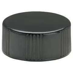 This screw cap features a black phenolic shell with a rubber liner, designed for 24-400 mm threaded containers. It is autoclavable and suitable for general laboratory and industrial sealing applications requiring a secure, reusable closure.