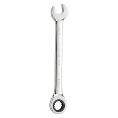 This SAE 12-point ratcheting combination wrench features a 5/8 in head size and an overall length of 8 1/8 in. Constructed from alloy steel with a chrome finish, it is designed for tightening or loosening fasteners in automotive repair, machinery maintenance, and general industrial assembly. The ratcheting box end enables faster work in confined spaces without repositioning the tool.