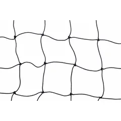 Black nylon pallet rack netting with 4 in mesh size, measuring 240 in x 1/8 in x 240 in. Used to contain loads and prevent items from falling through rack openings in warehouse storage areas. Hardware not included.