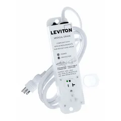 White healthcare surge protector outlet strip with two 5-20R receptacles, 7 ft cord, 5-20P plug, 20 A rating, and 644 J surge energy rating. Screw mounting style for secure installation in medical environments where protection of sensitive equipment is required.