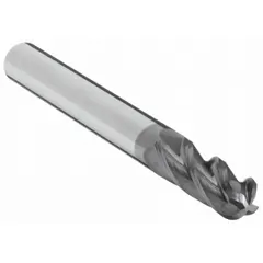 General purpose carbide ball end mill with AlTiN coating for heat resistance. Four flutes, 5/32" mill diameter, 9/16" length of cut, 2" overall length. Suitable for contouring, profiling, and 3D machining of ferrous and non-ferrous materials.