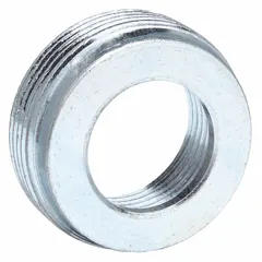 Steel reducing bushing with zinc-plated finish. Reduces from 3/4 in to 1/2 in trade size. Used to adapt conduit or fitting openings in electrical junction boxes and enclosures.
