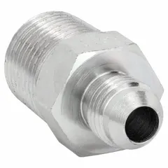Rigid, straight steel adapter with male NPTF and male JIC threads. Connects 3/8 in NPTF to 1/2 in JIC in hydraulic and fluid-power systems for leak-resistant transitions between tapered and flared thread standards.