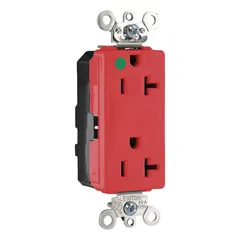 This LEVITON receptacle is a hospital grade decorator duplex outlet with a 5-20R configuration. It is rated 125V AC, 20A, 2 pole/3 wire, and features a red nylon face. Suitable for general purpose use in healthcare facilities where reliable power delivery is required.