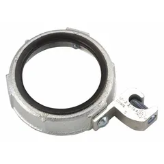 Zinc plated iron grounding bushing with insulated throat. Trade size 4 in, overall length 3 27/32 in. Used to terminate and ground conduit in electrical systems, providing a secure connection point for equipment grounding conductors.