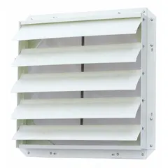 This wall-mount backdraft damper features a flat blade type and is designed for horizontal airflow with vertical mounting. Constructed with a fiberglass rear flange, it is suitable for ventilation systems where corrosion resistance is needed. Dimensions: 22 7/8 in height, 22 7/8 in width, 3 3/8 in depth.