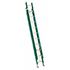 This 20 ft fiberglass extension ladder has a fixed fly and a rope and pulley system. It is non-conductive and rated for a 225 lb load capacity. Suitable for tasks requiring electrical safety, such as maintenance and construction work near live circuits.