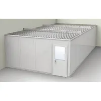 This unassembled in-plant office provides a private workspace within industrial facilities. It features two walls of gray vinyl-covered drywall with steel construction and an STC 31 sound rating. The 32 ft x 16 ft x 8 ft footprint is suitable for supervisory stations, break rooms, or meeting areas in manufacturing plants and warehouses