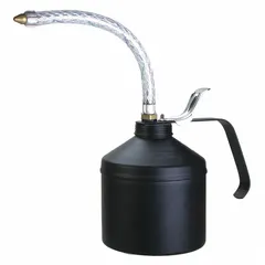 This lever-grip oil dispenser has a 16 fl oz capacity and a 9-inch flexible spout for reaching confined spaces. The tin-coated steel body resists corrosion. It includes a pump body and is suited for manual lubrication of machinery and moving parts.