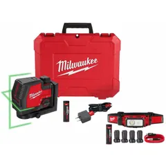 This cross-line laser level projects two green beams for leveling, alignment, and layout tasks. It has a range of 100 to 200 ft without a detector and accuracy of ±1/8 in @ 33 ft. The kit includes a Li-Ion battery system, two batteries, charger, case, and headlamp.