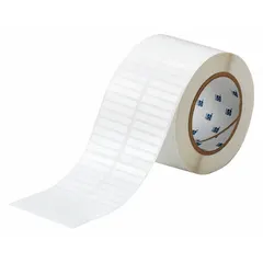 This precut label roll is made of white gloss polyester with a 1/4 in width and 1 1/2 in length. It operates in temperatures from -40°F to 248°F and is compatible with the i7100 printer series. Used for labeling equipment, cables, and panels in industrial environments.